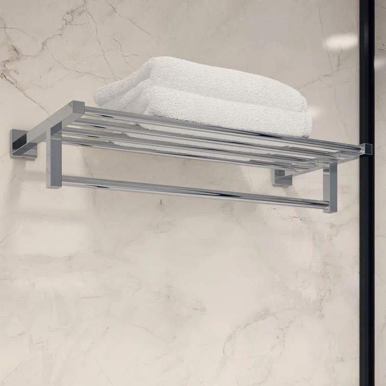 Duro 22" Polished Chrome Metal Wall Mounted Towel Shelf with Bar