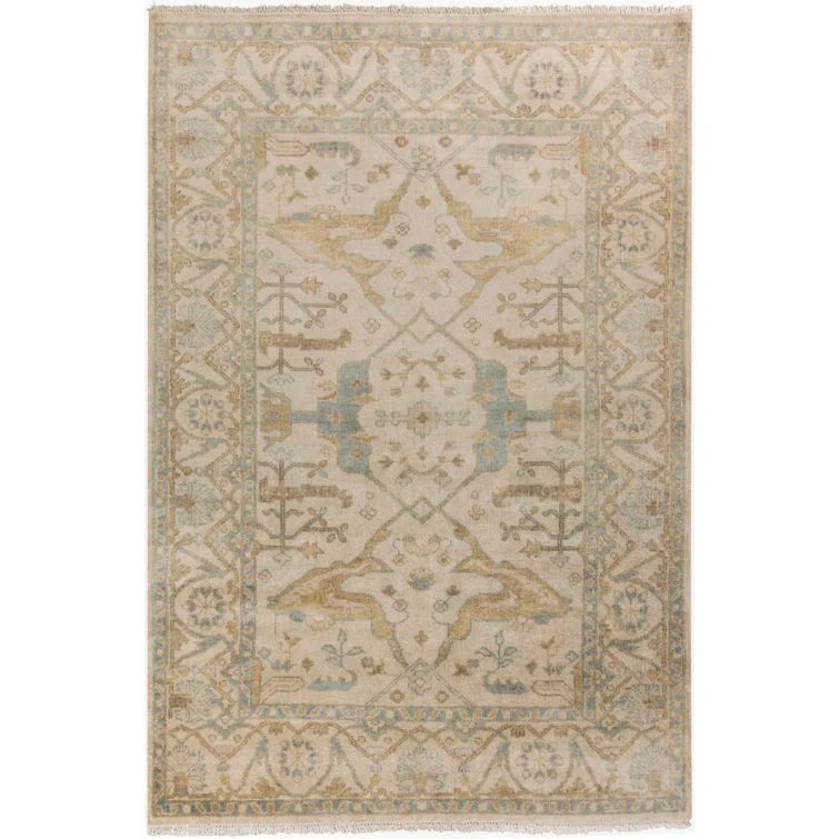 Hand-Knotted Ivory Wool and Viscose Rectangular Area Rug