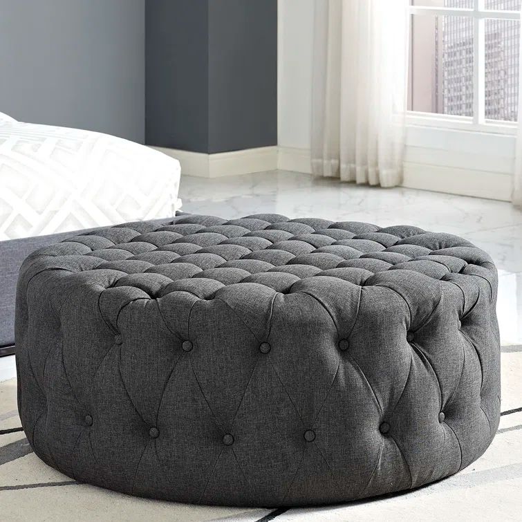 Gray Tufted Round Upholstered Fabric Ottoman