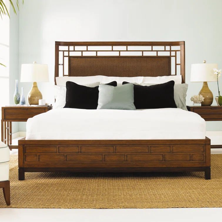 Queen Brown Wood Upholstered Panel Bed with Headboard