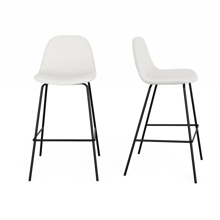 White Boucle Upholstered Counter Stools with Steel Frame, Set of 2