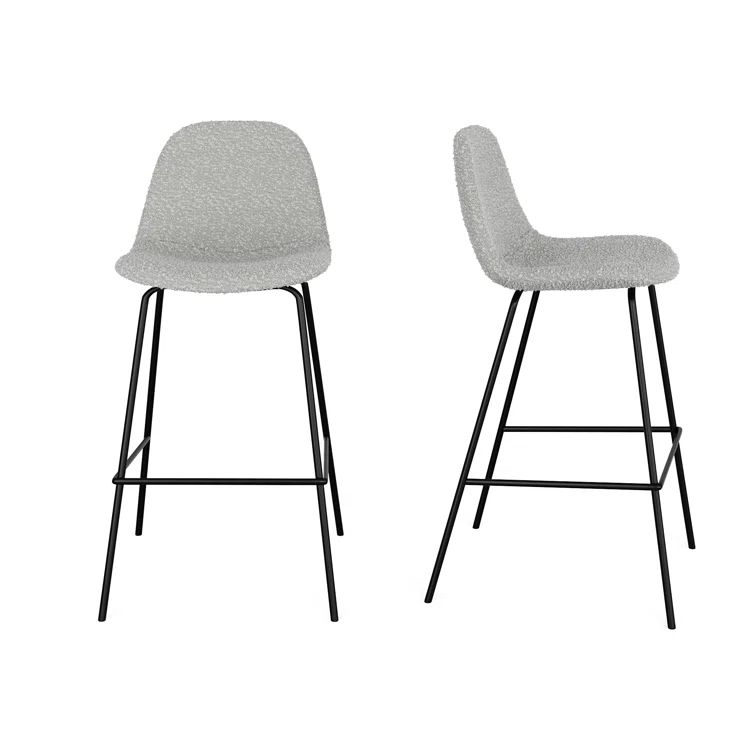 Gray Boucle Upholstered Counter Stool with Steel Frame, Set of 2