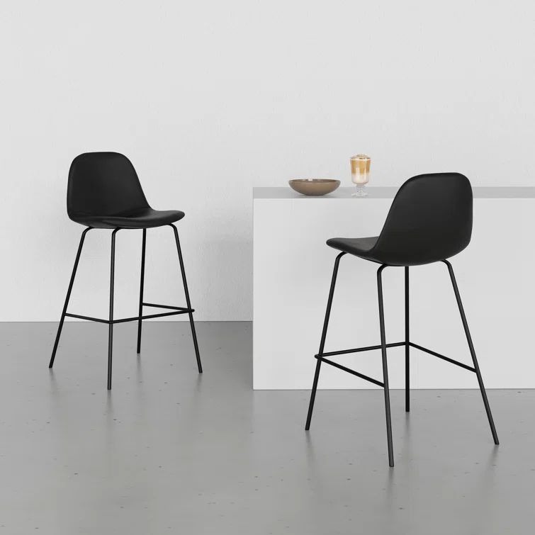 Midnight Black Faux Leather Counter Stools with Metal Legs, Set of 2