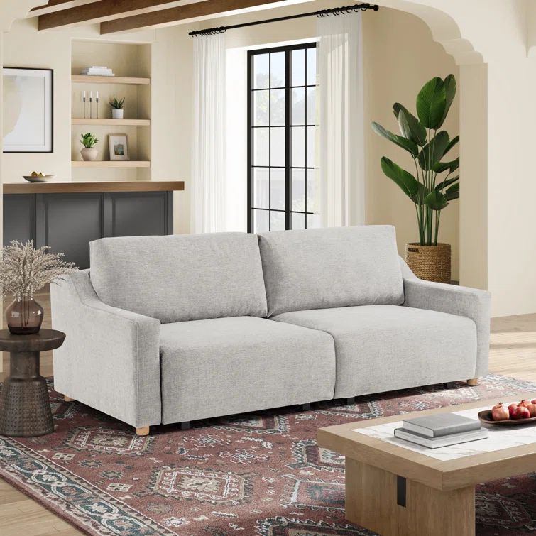 Cream Fabric Queen Sleeper Sofa with Natural Wood Legs