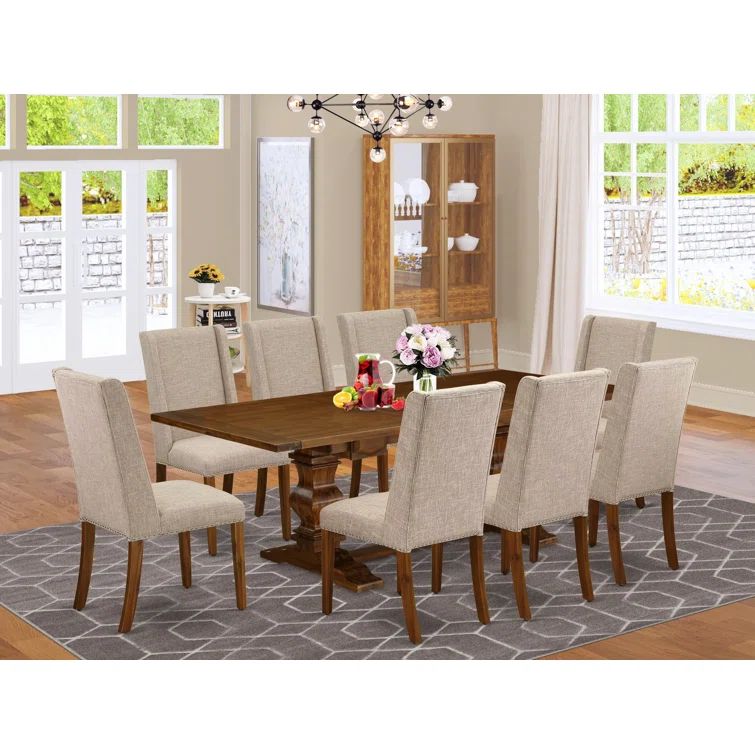 Antique Walnut Rectangular Dining Set with Light Tan Linen Chairs