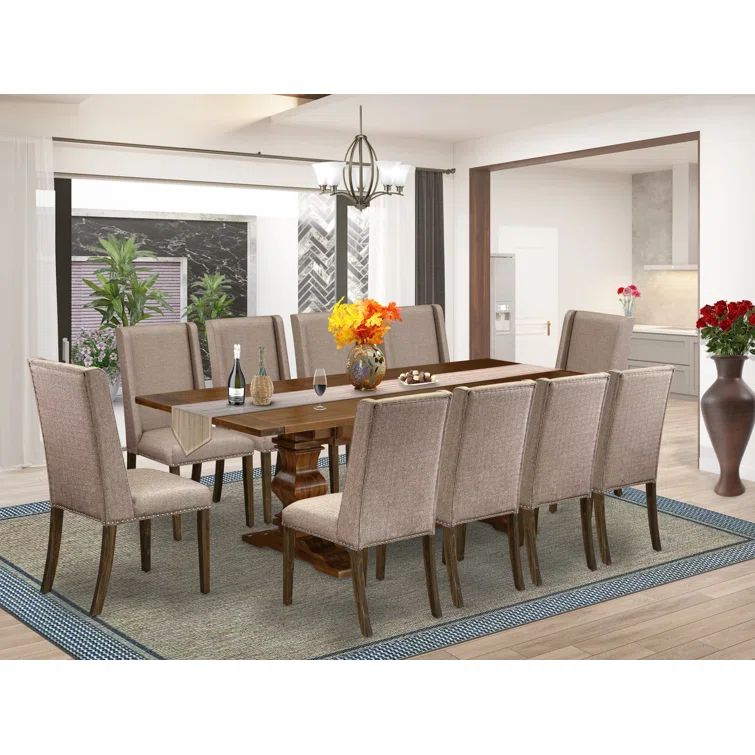Antique Walnut 11-Piece Dining Set with Dark Khaki Linen Chairs