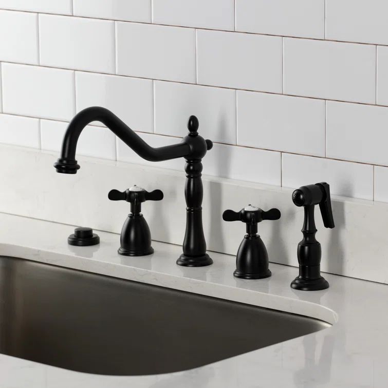 Heritage Matte Black Brass Widespread Kitchen Faucet with Side Sprayer