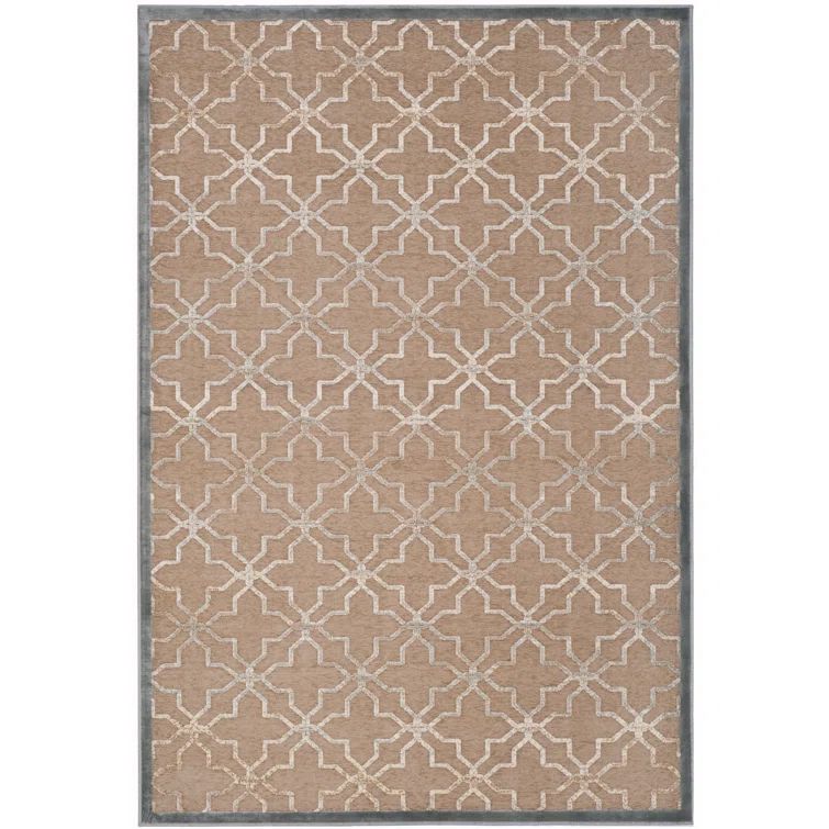 Beige and Ivory Rectangular Wool Viscose Geometric Rug