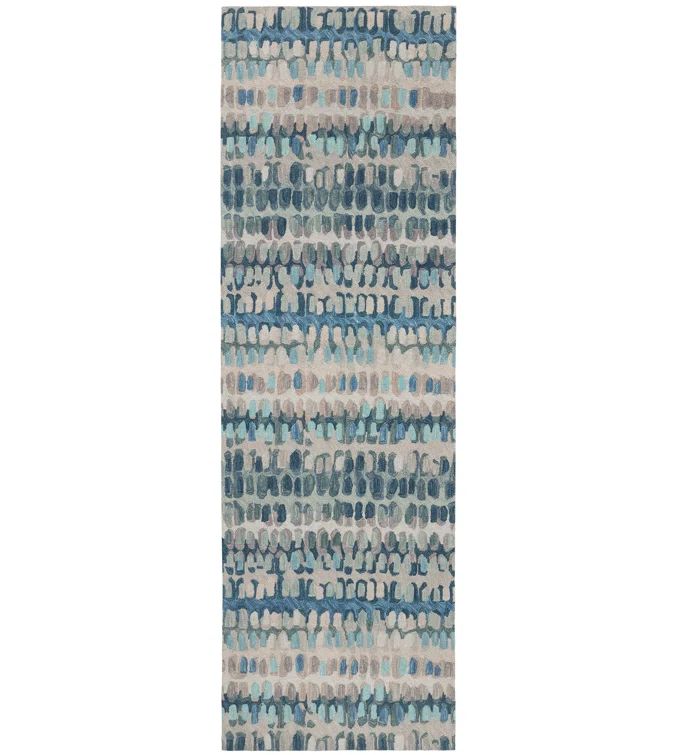Handmade Blue and Beige Wool Abstract Runner Rug 2.5 x 8