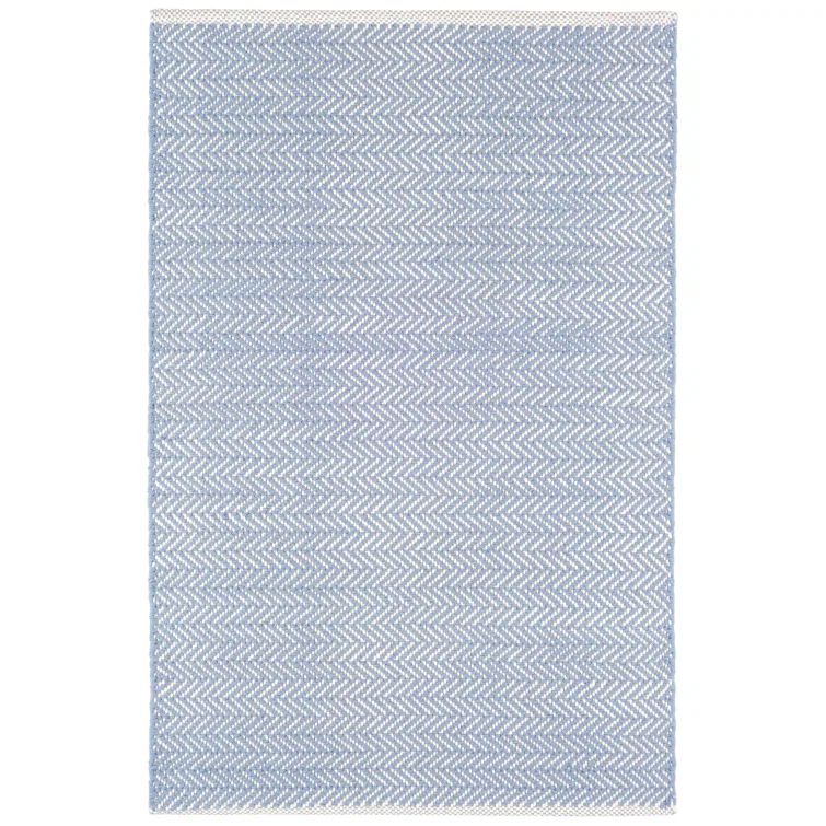 Swedish Blue Herringbone Handwoven Cotton Rug, 5' x 8'