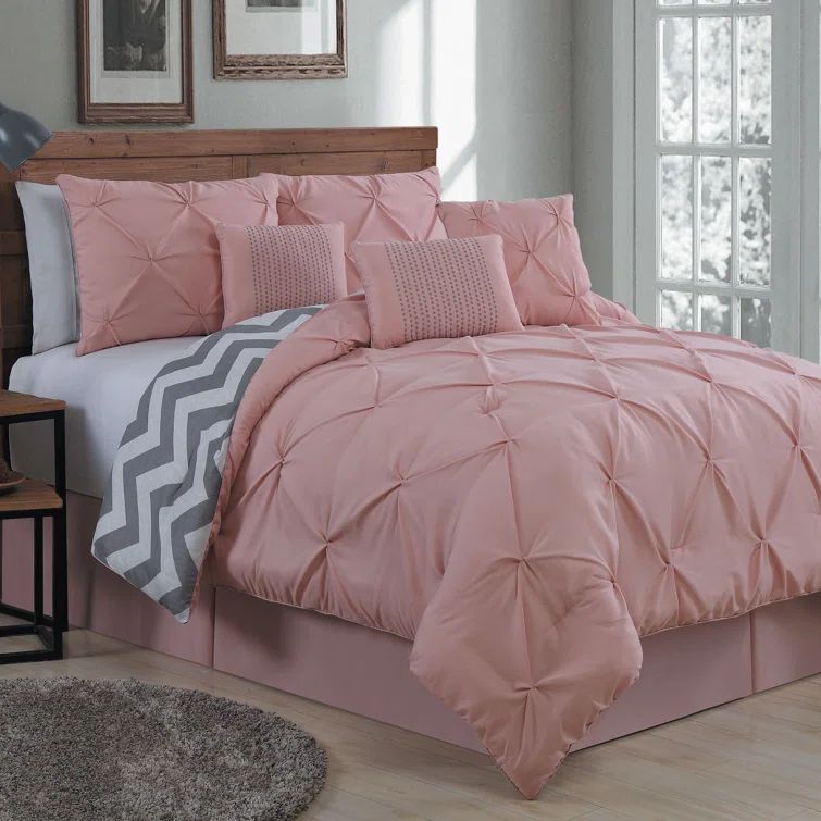 Blush Queen Microfiber Reversible Comforter Set with Pin Tuck Design