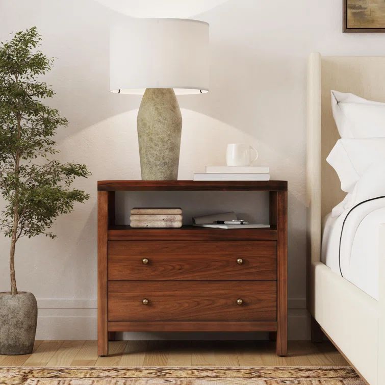 Walnut Solid Wood 2-Drawer Nightstand with Open Shelf