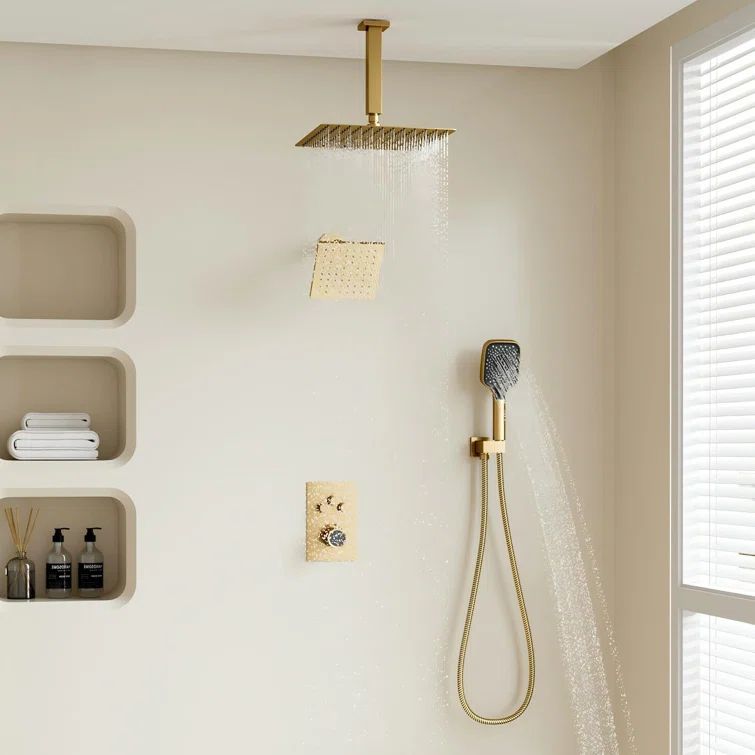 12-Inch Brushed Gold Thermostatic Dual Shower System with Handheld