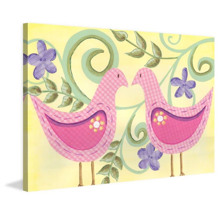 Pink Gingham Birds on Colorful Canvas Wall Art