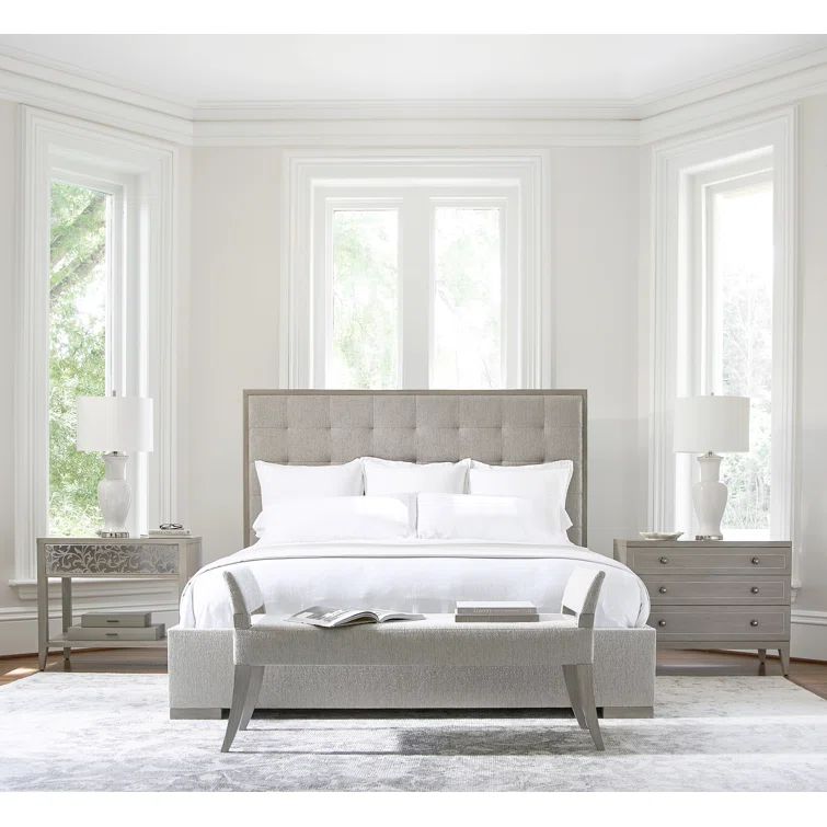 Queen Gray Upholstered Wood Frame Bed with Tufted Headboard