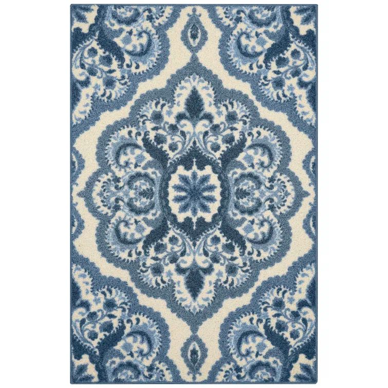 Vivian Blue Floral Tufted Washable Rectangular Rug