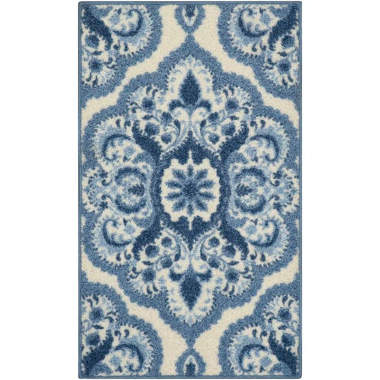 Blue Floral Medallion Washable Tufted Kids Area Rug
