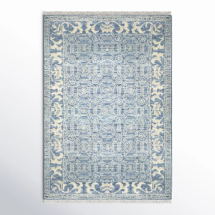 Denim Geometric Hand-Knotted Wool Area Rug 5' x 7'