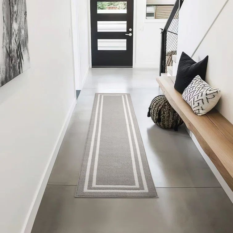 Light Grey and White Tufted Runner Rug with Latex Backing