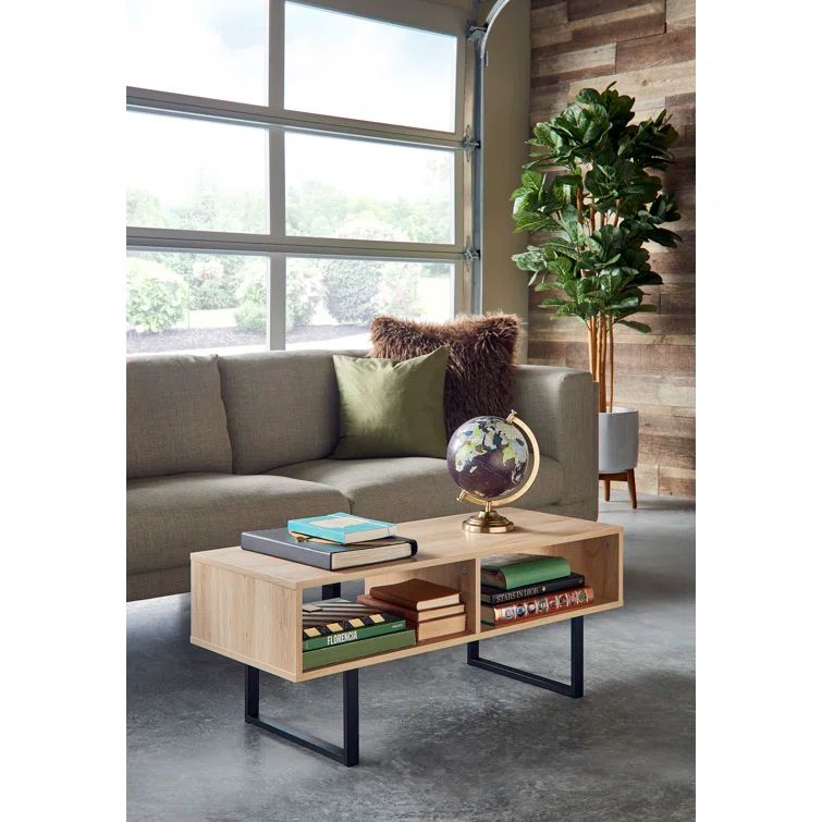 Natural MDF Rectangular Coffee Table with Black Metal Sled Base and Storage