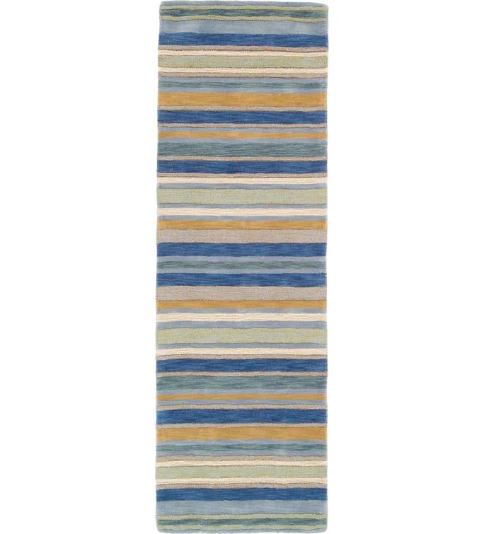 Handmade Blue and Beige Wool Striped Runner Rug