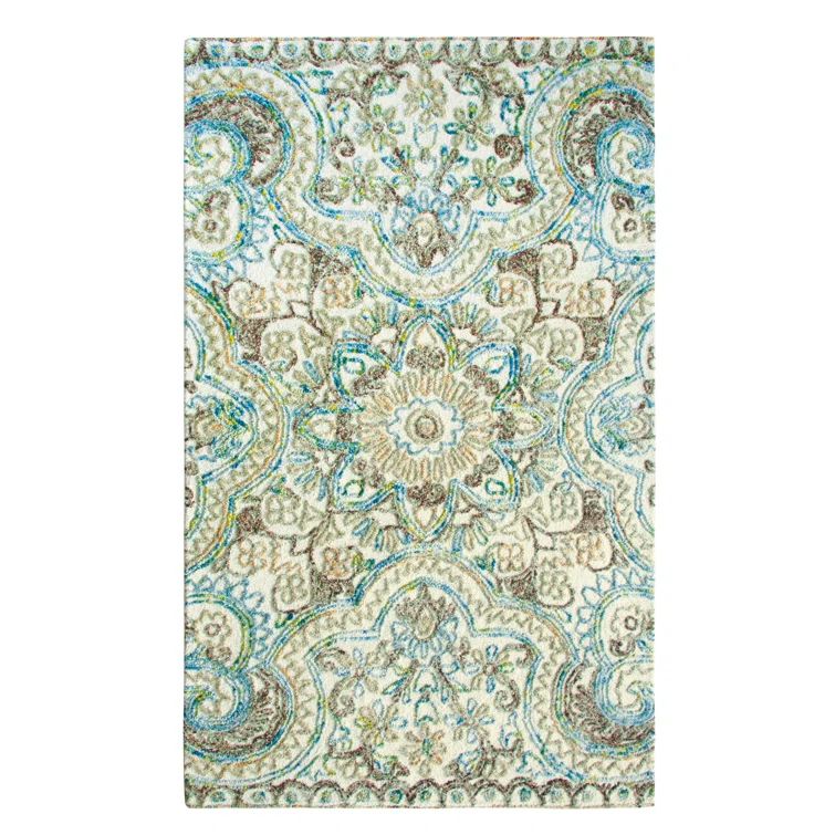 Ivory and Blue Hand-Tufted Wool Rectangular Rug
