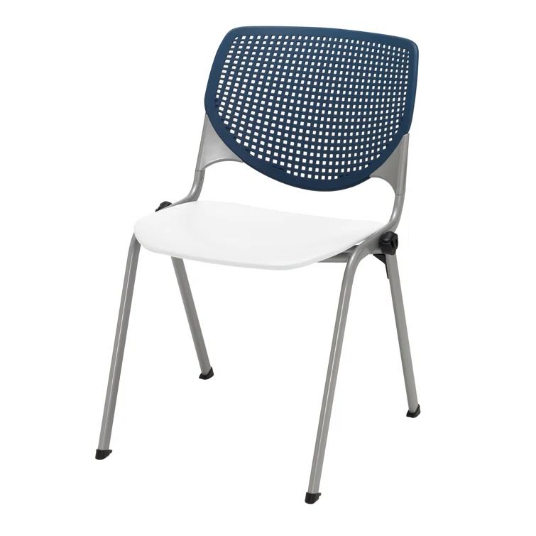 Kool Comfort White & Navy Metal Stack Chair with Perforated Back