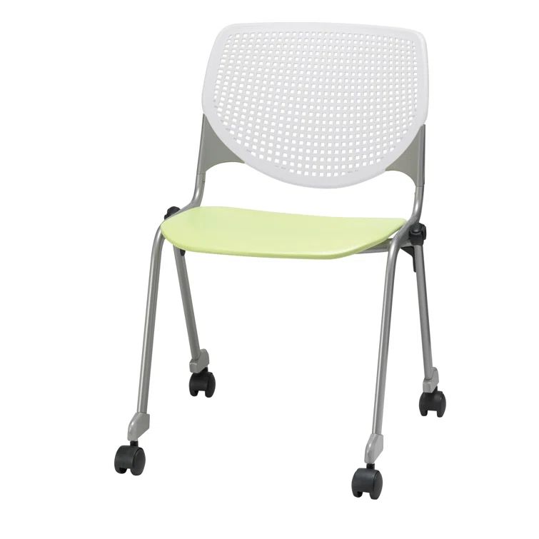 Lime Green and White Armless Metal Stacking Chair with Casters