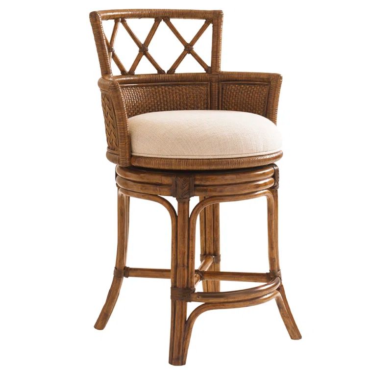 Brown Rattan and Linen Swivel Counter Stool