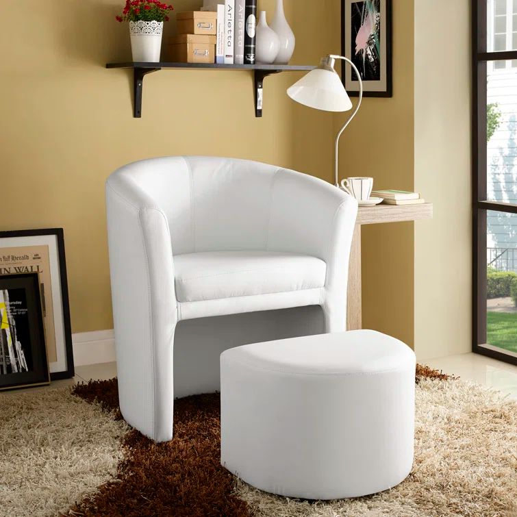 Elegance White Faux Leather Barrel Armchair with Ottoman