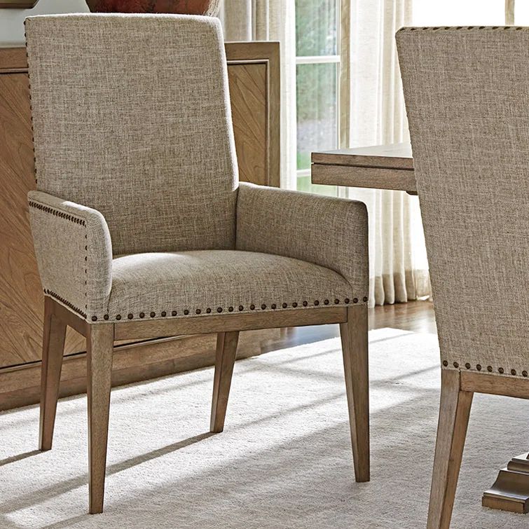 Gray Linen Upholstered Arm Chair with Wooden Base