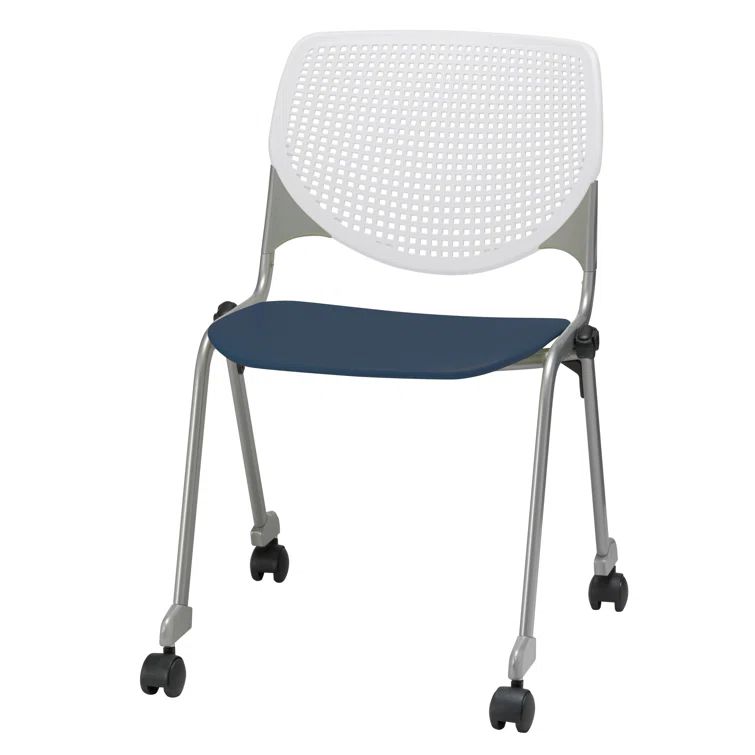 Navy and White Armless Metal Stacking Chair with Casters