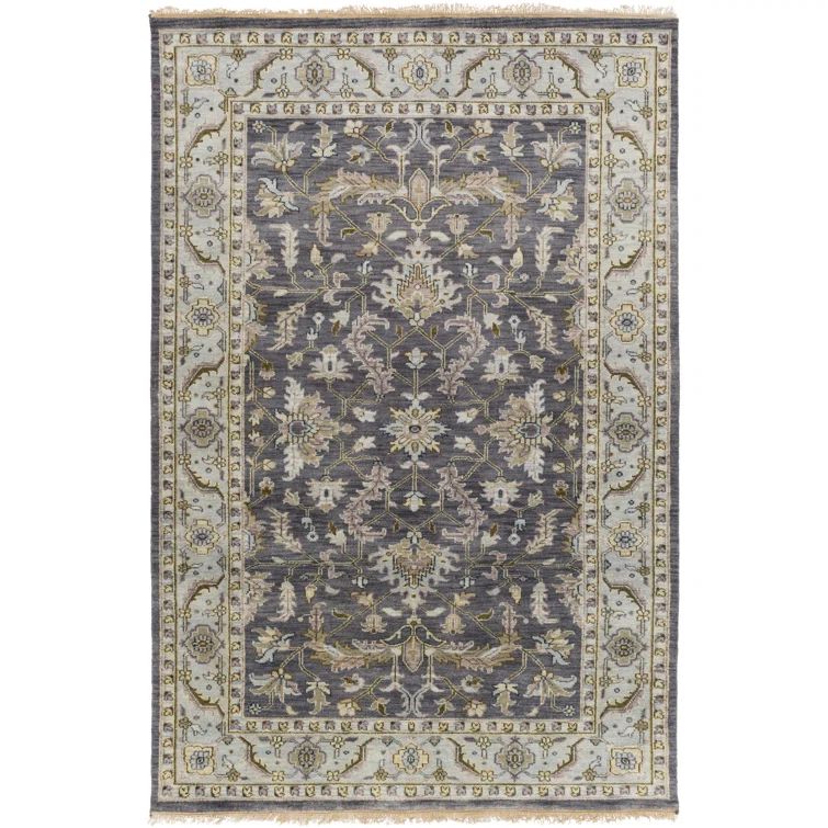Hand-Knotted Blue and Charcoal Wool Rectangular Rug