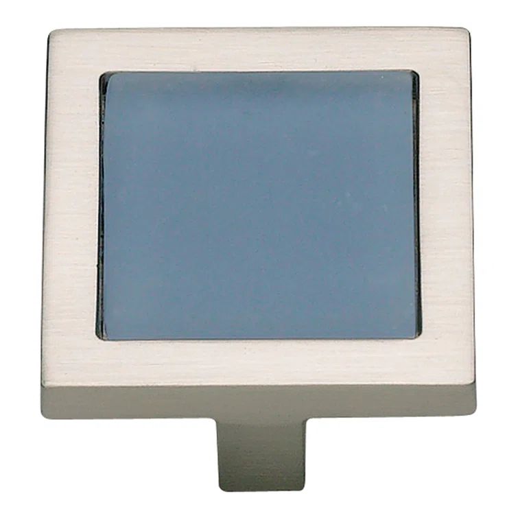 Brushed Nickel Square Knob with Blue Glass Tile