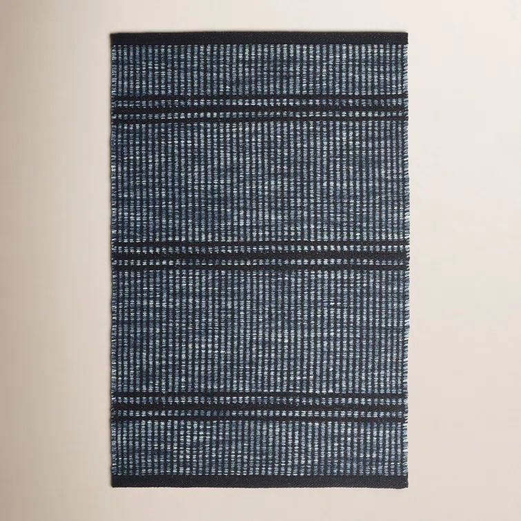 Navy and Black Herringbone Handwoven Wool Area Rug 2' x 3'