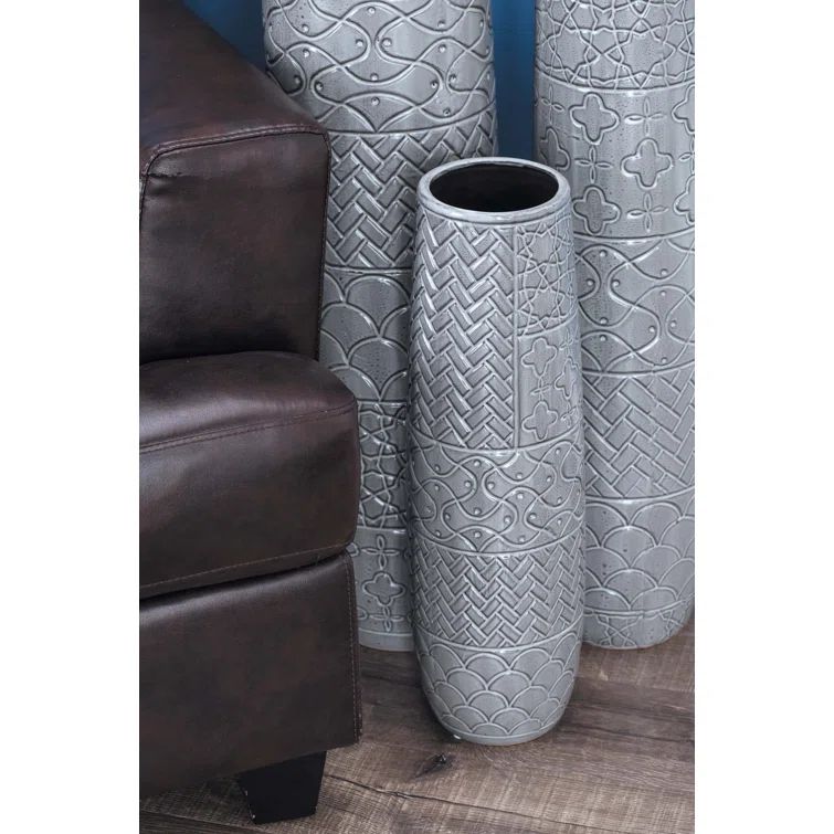Elegant 30" Metallic Gray Ceramic Floor Vase with Modern Textures