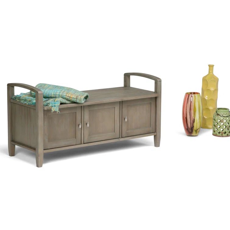 Rustic Distressed Gray 44" Solid Hardwood Storage Bench with Armrests
