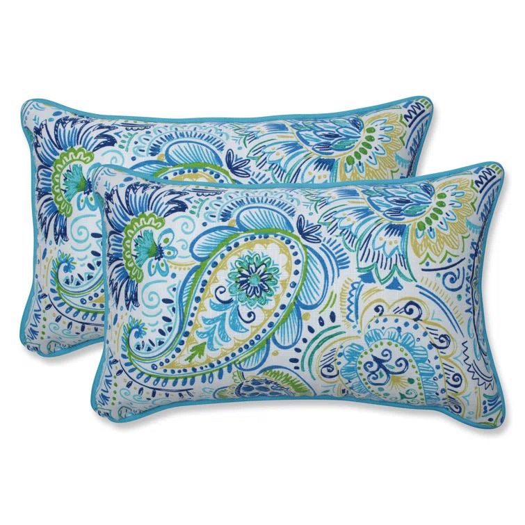 Gilford Blue and Yellow Paisley Rectangular Lumbar Pillows, Set of 2
