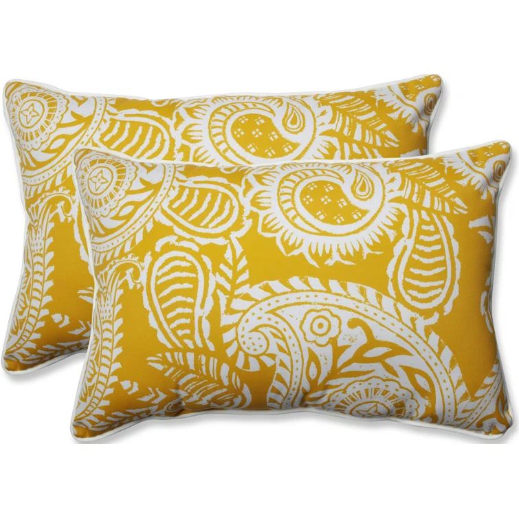 Yellow and Off-White Paisley Rectangular Outdoor Lumbar Pillow Set