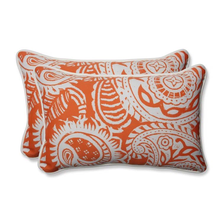 Orange and White Paisley Rectangular Outdoor Throw Pillows, Set of 2