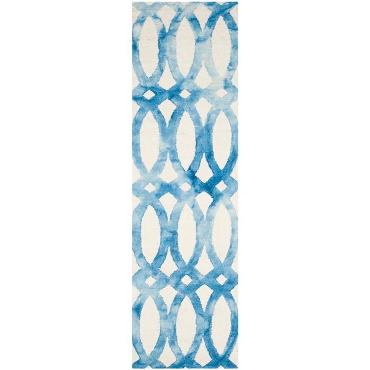 Hand-Tufted Ivory and Blue Wool Geometric Runner Rug