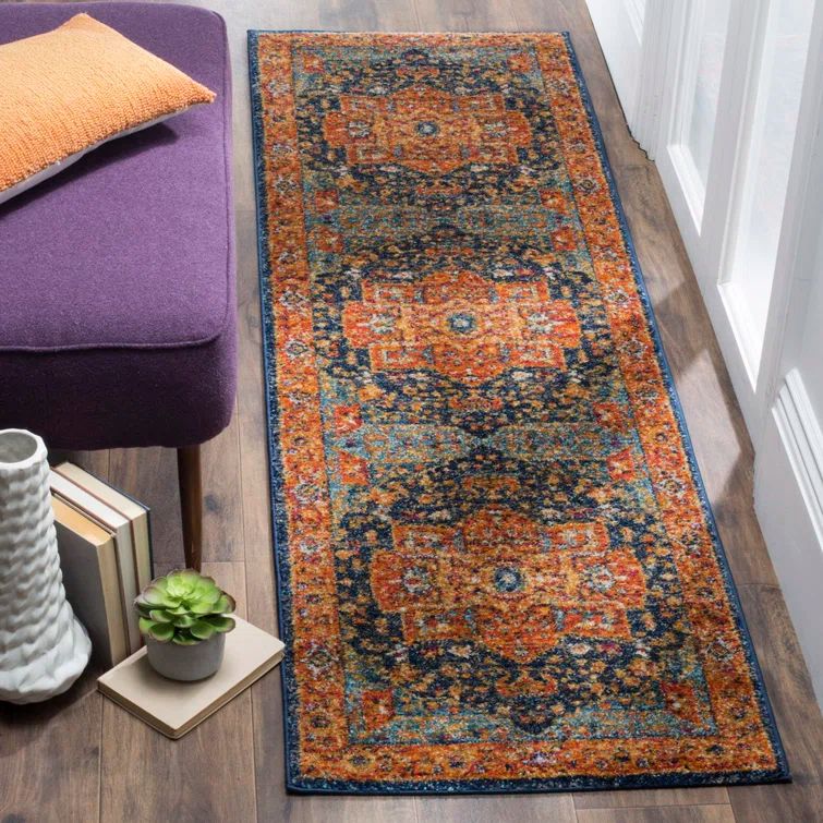 Evoke Blue and Orange Synthetic Stain-Resistant Runner Rug