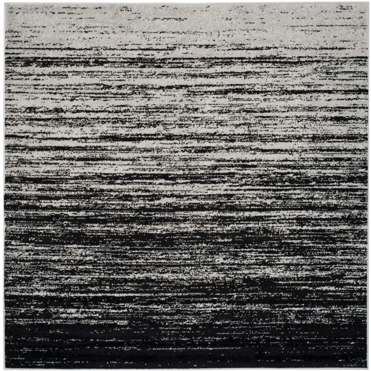 Silver and Black Striped Synthetic Square Area Rug