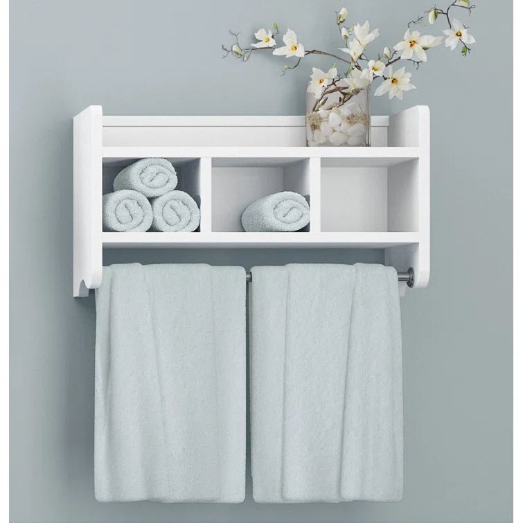 Elegant White Wood Bathroom Storage Shelf with Towel Rods, 31.25 in