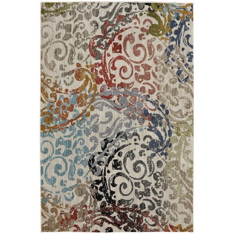 Gray Multicolor Floral Synthetic Stain-Resistant Rectangular Area Rug