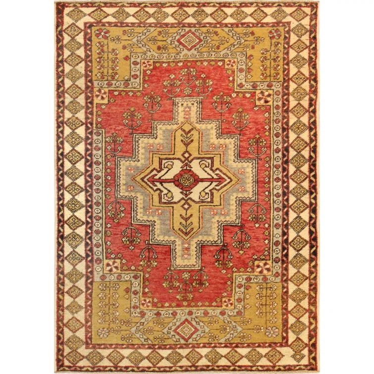 Hand-Knotted Coral Orange and Ivory Wool Oriental Rug