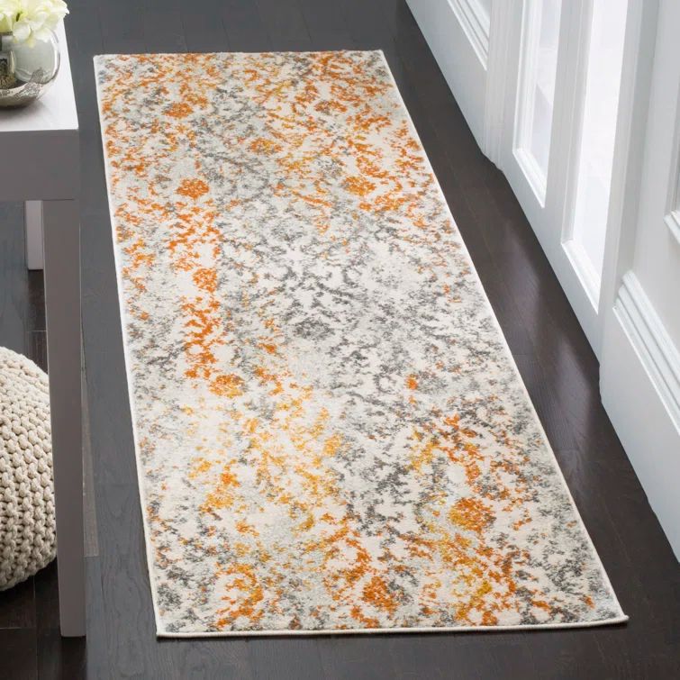 Ivory and Orange Damask Low Pile Runner Rug