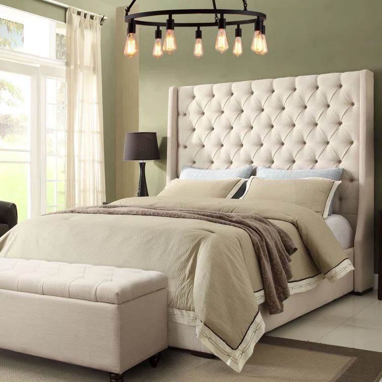 Desert Sand Linen Queen Bed with Tufted Upholstered Headboard