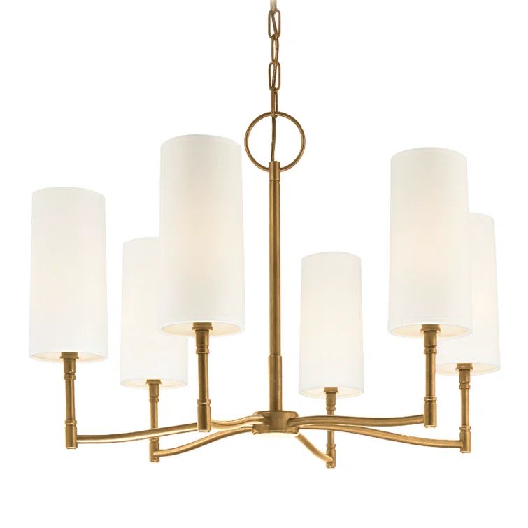 Elegant Aged Brass 6-Light Chandelier with Off-White Linen Shades