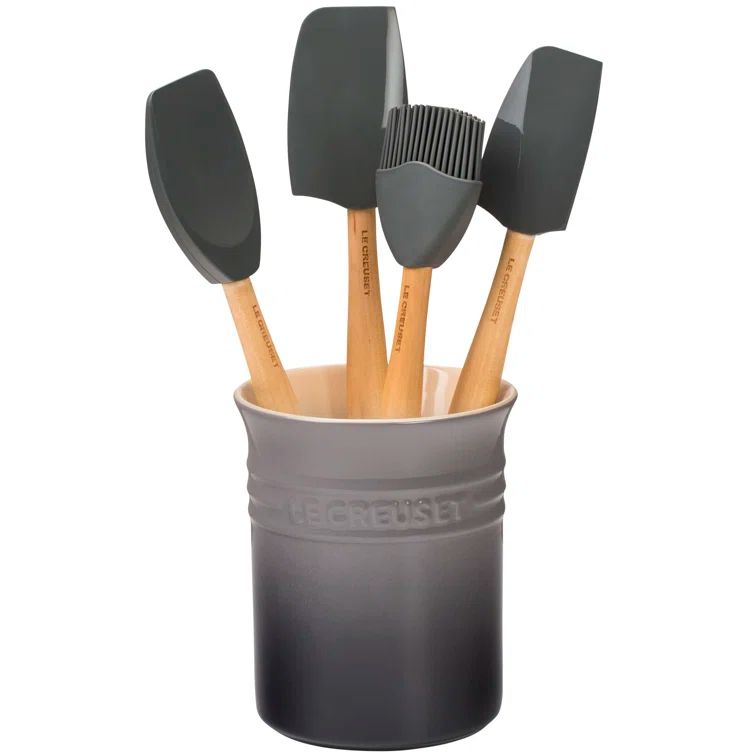 Oyster Gray Silicone Utensil Set with Stoneware Crock, 5pc